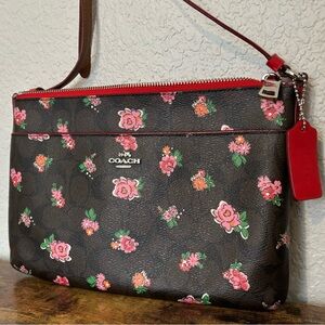 Coach Signature Canvas Leather Crossbody East West Pop Brown Floral Red Pink